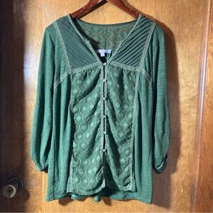 NY Collection L Green Buttoned V Neck Tunic W/ Sheer Panels Fairy Boho Hippie